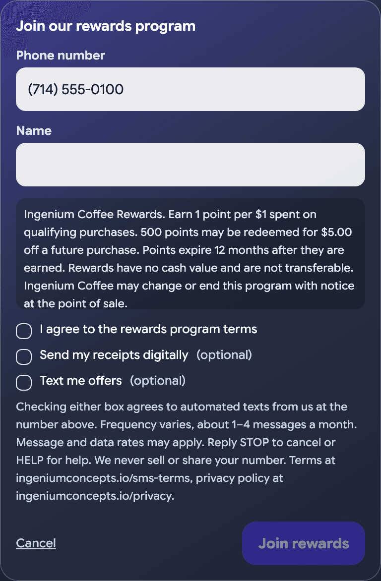 The Ingenium Orbit customer display consent screen, showing a pre-filled phone number, a name field, the merchant’s rewards program terms, three unchecked consent checkboxes, and the SMS disclosure paragraph beneath them.